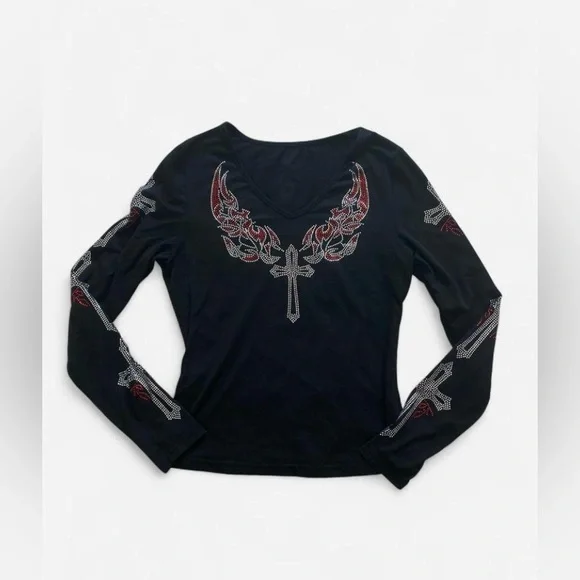 Black Long-sleeve Top with Red & Silver Rhinestones Cross & Wings Design - Picture 4 of 4
